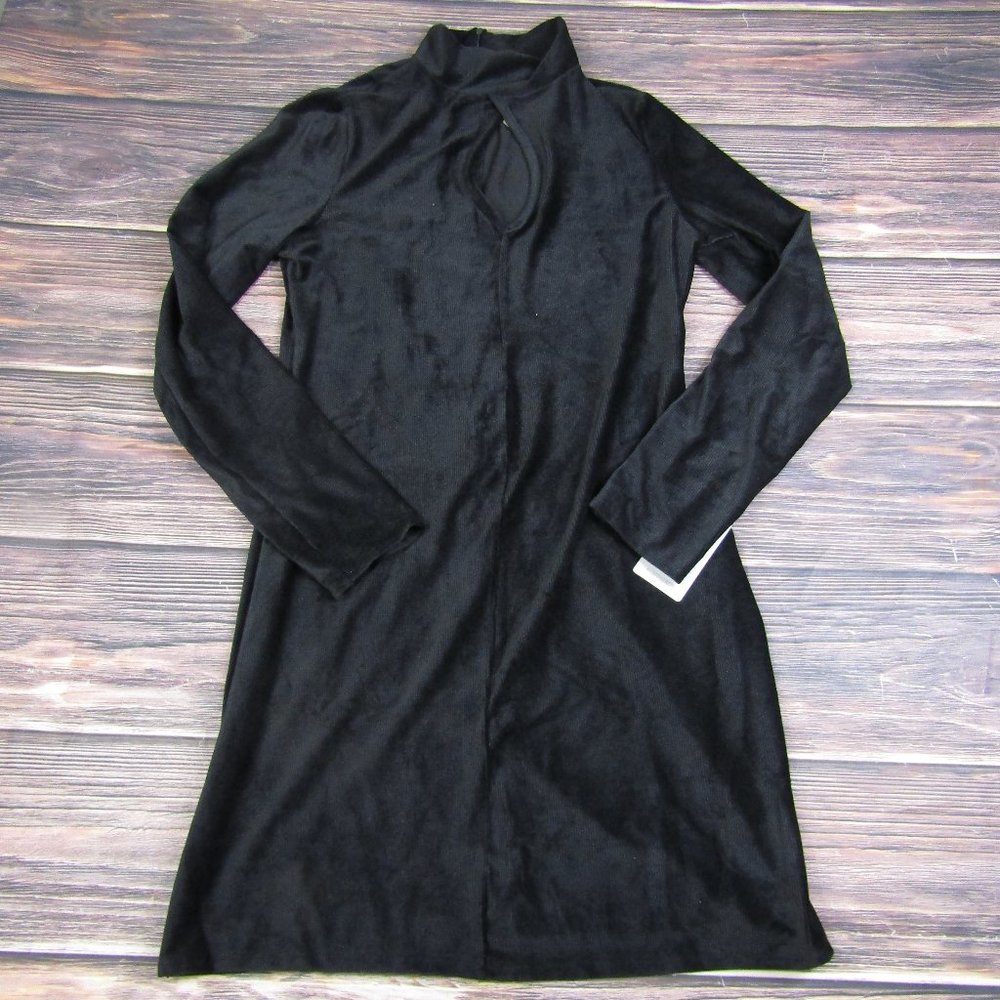 Dual Nature NEW NWT Large Black Velvet Keyhole Mini Dress Long Sleeve Mock Neck